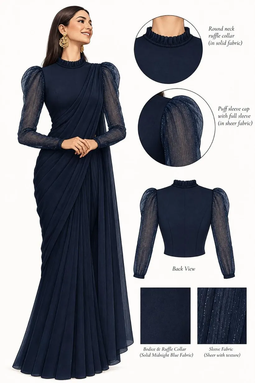 Design sheet for a midnight pre-draped saree gown: ruffle collar, sheer puff sleeve, back view and fabric swatches