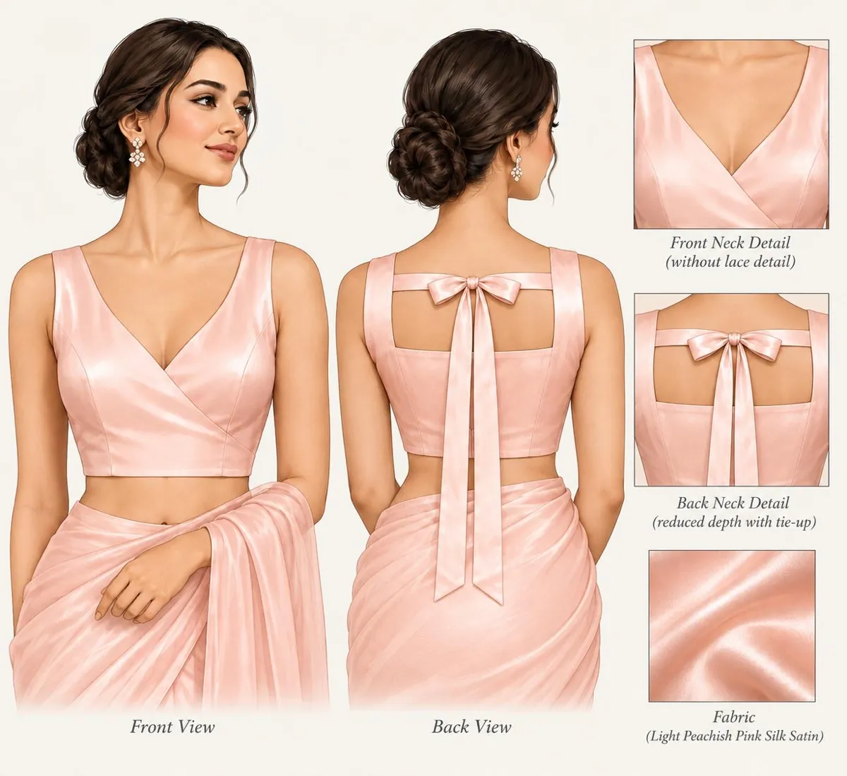 Design sheet for a peach silk-satin saree blouse: front and back views, neck details and the fabric swatch